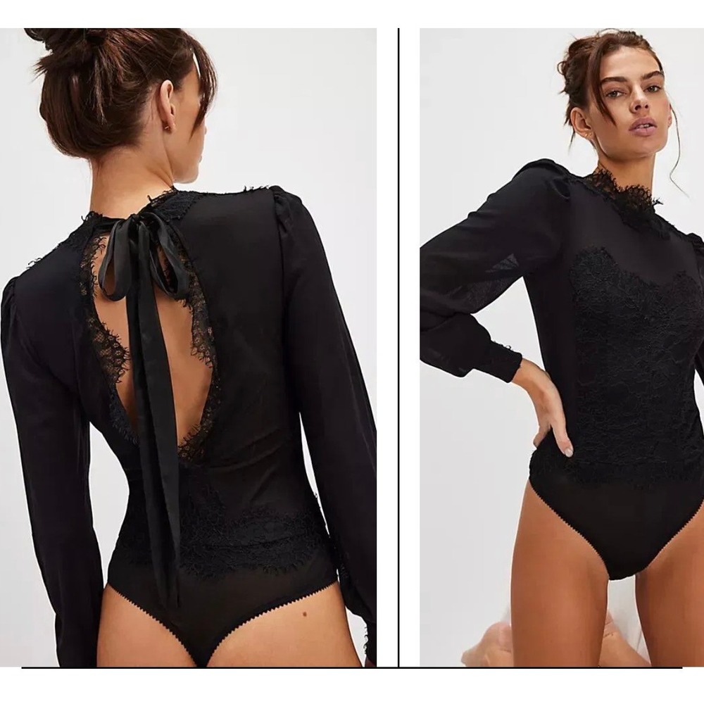 Intimately Free People Sweet Nothings Bodysuit M Black Lace Backless Ribbon Goth